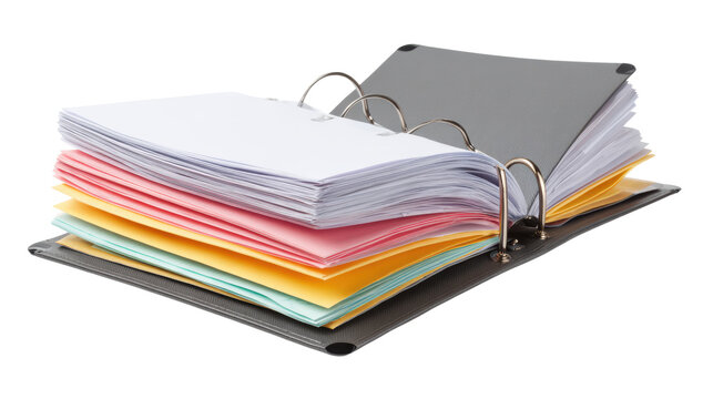 Colorful stack of paper sheets organized in a black binder on a white isolate background.