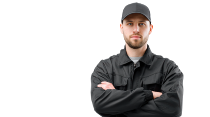 Confident male worker in uniform with arms crossed, isolated on a white background.