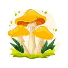 Cluster of three yellow mushrooms with green grass and leaves. Colorful cute cartoon vector for prints, stickers, and forest-themed designs.