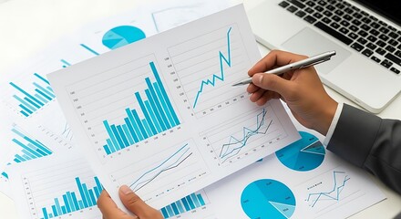 Businessperson analyzing charts and graphs representing financial data.