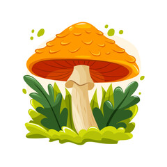 Bright orange mushroom with textured cap and green leaves. Colorful cartoon vector illustration perfect for stickers, prints, and nature art.