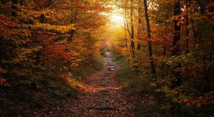 Fototapeta premium Autumn forest path leading to sunlight