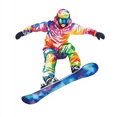 Obraz premium Vibrant watercolor snowboarder in mid-air jump capturing dynamic movement and colorful artistry for winter sports enthusiasts and inspirational design