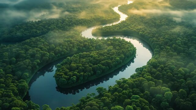 Aerial view of a winding river in a dense green Amazon rainforest.