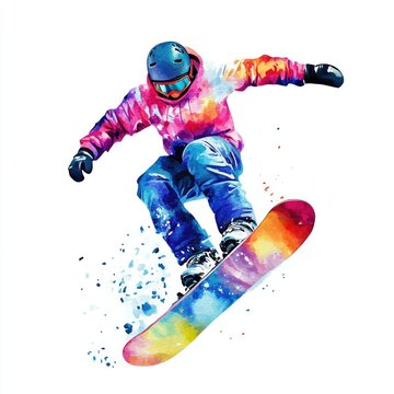 Vibrant watercolour artwork of snowboarder performing trick in halfpipe for winter sports enthusiasts and art lovers