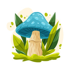 Blue mushroom with water drop texture on cap, surrounded by fresh green leaves. Cute whimsical vector illustration for nature and forest designs.