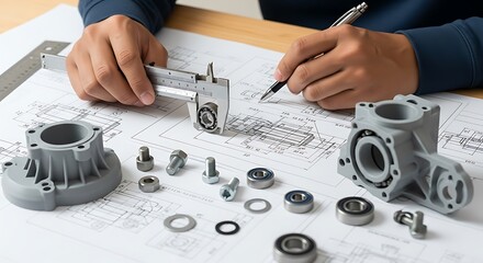 Engineering design with blueprints and mechanical components