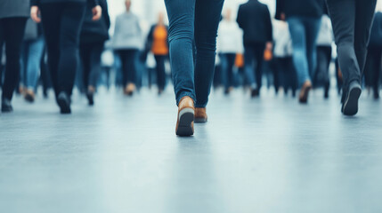 Fototapeta premium Business crowd walking on busy street with focus on person wearing brown shoes and blue jeans, creating dynamic urban scene