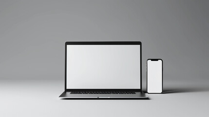 Realistic mockup of a modern laptop and smartphone with blank white screens on a grey background, perfect for showcasing website or app designs