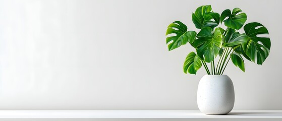 Minimalist green houseplant in white ceramic pot on light background. Modern interior decor, home gardening, and biophilic design inspiration.