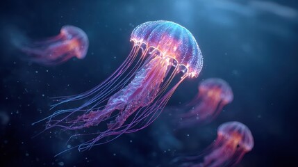 Group of bioluminescent jellyfish gracefully swimming in the deep, dark ocean, a mesmerizing and ethereal sight