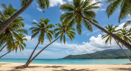 Obraz premium Idyllic Tropical Beach Scene with Leaning Palm Trees