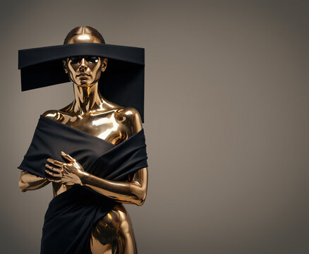 Futuristic golden mannequin in black avant-garde outfit and wide abstract geometric visor on neutral background, copy space