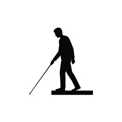Silhouette of a blind person walking with a cane, isolated on white background, symbolizing guidance and overcoming challenges