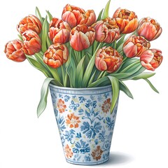 Watercolor Painting of Orange Tulips in a Decorative Floral Vase