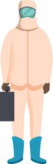 Fototapeta premium Scientist wearing a protective suit, gloves, boots, and mask, holding a case, ready for virus protection