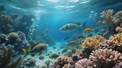 Vibrant Coral Reef with Diverse Fish Species Underwater