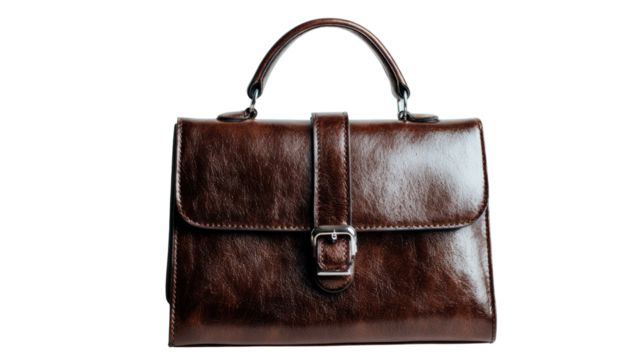 Elegant brown leather handbag with a stylish buckle, perfect for professionals on the go, white isolate background.