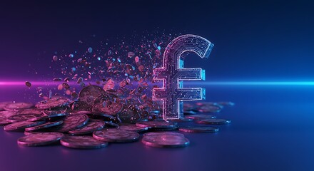 British pound symbol exploding on a pile of coins, a neon-lit concept of economic crisis, recession, and financial instability.