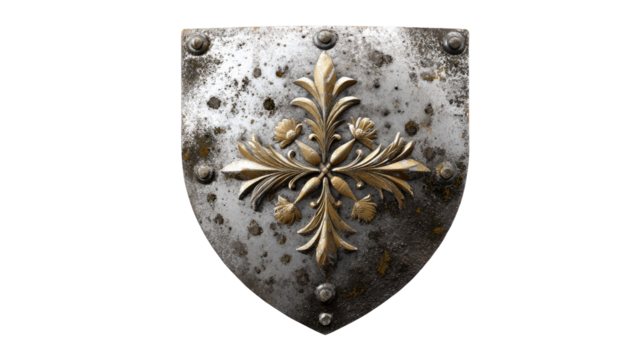 Vintage Shield: An antique metallic shield with intricate floral emblem, symbolizing defense and history.