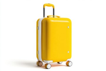 Yellow luggage with white wheels and handle, front view. American style plastic suitcase on a white background. for smooth travel. Modern product design style. Travel and vacation concept