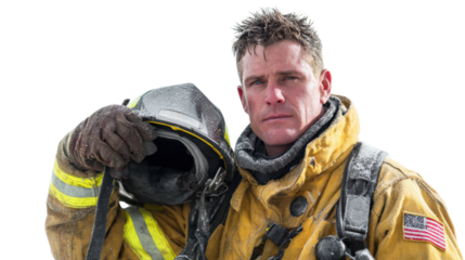 Firefighter with gear, posing confidently, ready for duty, white isolate background