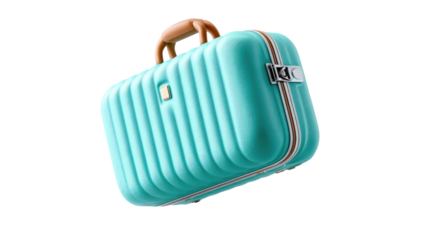 Turquoise Suitcase Ready for Travel: A vibrant and modern turquoise suitcase, complete with a tan handle and secure lock, stands ready for any adventure.