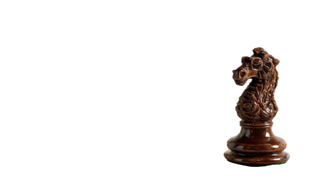 Knight's Game Piece: A solitary, intricately carved knight chess piece, rendered in exquisite detail, stands poised, hinting at strategic decision and intellectual contest. 