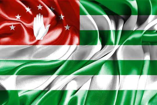 Close-up of the national flag of Abkhazia fluttering in the wind. 3D illustration.