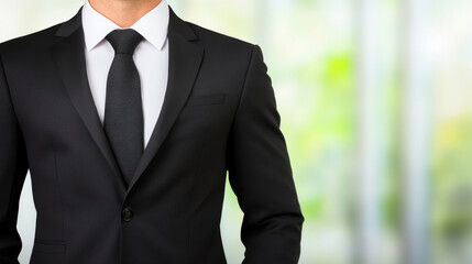 Business professional wearing black suit and tie with white shirt standing in blurred bright background for corporate concept