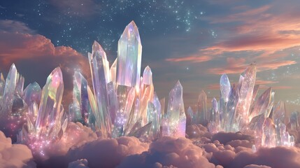 glowing crystal spires in the sky surrounded by pastel clouds and sparkles