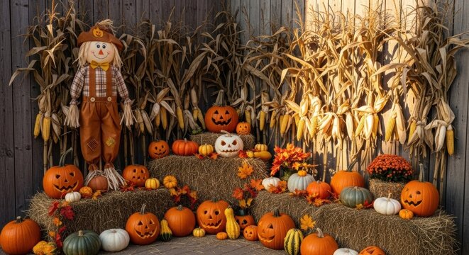 Charming Scarecrow and Carved Pumpkins on Hay Bales in a Rustic Autumn Display