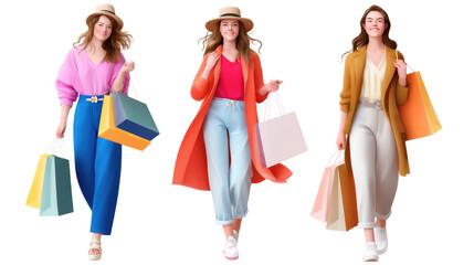 Fashion Forward: Three stylish figures stroll in a visual symphony of colors, each arm laden with shopping bags.