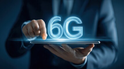 Businessman with Tablet Displaying 6G Technology, Representing Wireless Communication and Future Connectivity Advancements