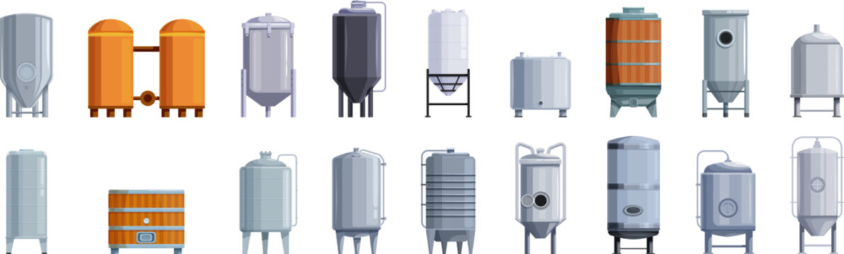 Fermentation tank icons set. Set of various tanks and containers used in industrial processes for storing, mixing, and processing liquids