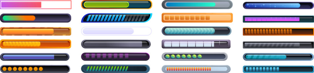 Game loading icons set. Set of colorful loading bars indicating various stages of progress, perfect for website and game user interface design © nsit0108