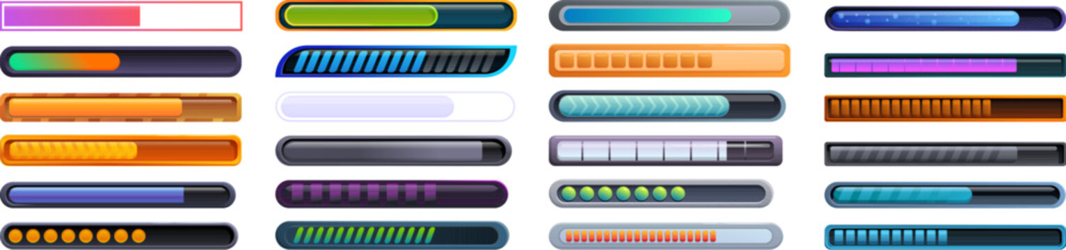 Game loading icons set. Set of colorful loading bars indicating various stages of progress, perfect for website and game user interface design