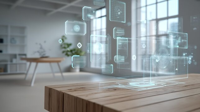 floating holographic user interface in a bright minimalist office