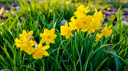 Fototapeta premium Blooming yellow daffodils blossom in a grassy field, their petals opening to the spring season