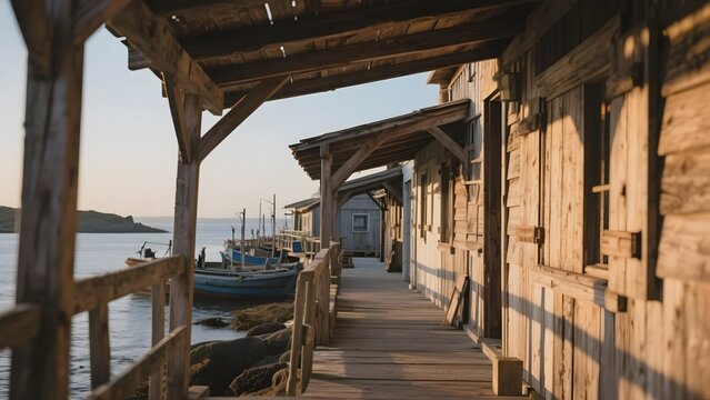 Wooden Pier with Boats and Coastal Houses at Sunset