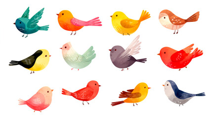 Fototapeta premium Set of cute bird characters flying, isolated on a white background