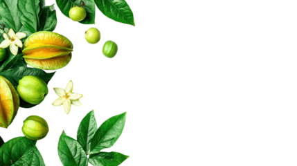 Fresh tropical fruits and vibrant green leaves on white background.