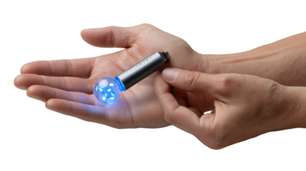 Innovation Device Demonstration: An up-close shot reveals a hand carefully holding an innovative device featuring glowing lights, representing cutting-edge technology and scientific exploration.