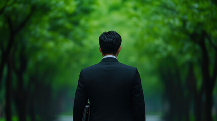 Business professional walking outdoors through green tree lined path carrying briefcase, evoking calm and focused mood