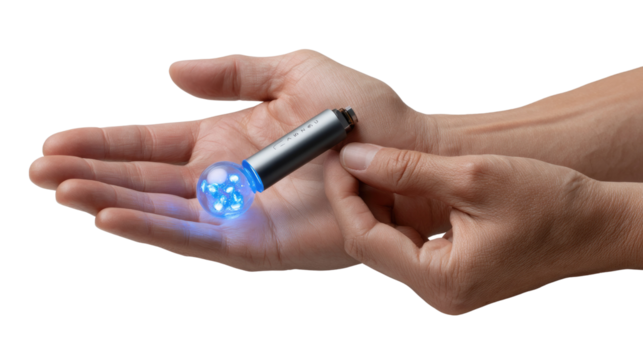 Innovation Device Demonstration: An up-close shot reveals a hand carefully holding an innovative device featuring glowing lights, representing cutting-edge technology and scientific exploration.
