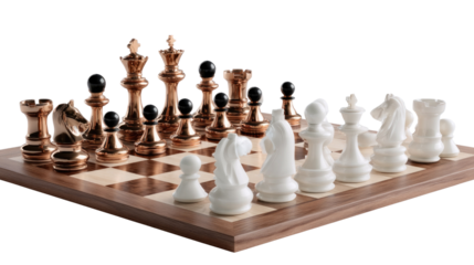 Strategic Stalemate: A detailed composition of a meticulously arranged chess set, showcasing a blend of strategic prowess and artistic design. Each piece stands ready on the wooden board