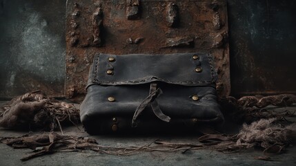 Black leather pouch with metal studs and hemp rope, surrounded by vintage tools and rusty background in industrial style with textured lighting