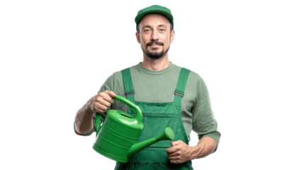 Gardener in green attire holding a watering can, isolated on a white background, ready to nurture plants.