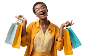 Shopaholic's Joy: An excited woman glows with delight, her arms laden with colorful shopping bags, embodying the exhilaration of a successful shopping spree. 