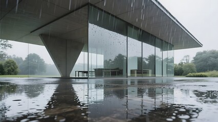 Modern glass building with a sloped roof, reflecting in a wet pavement during rain
